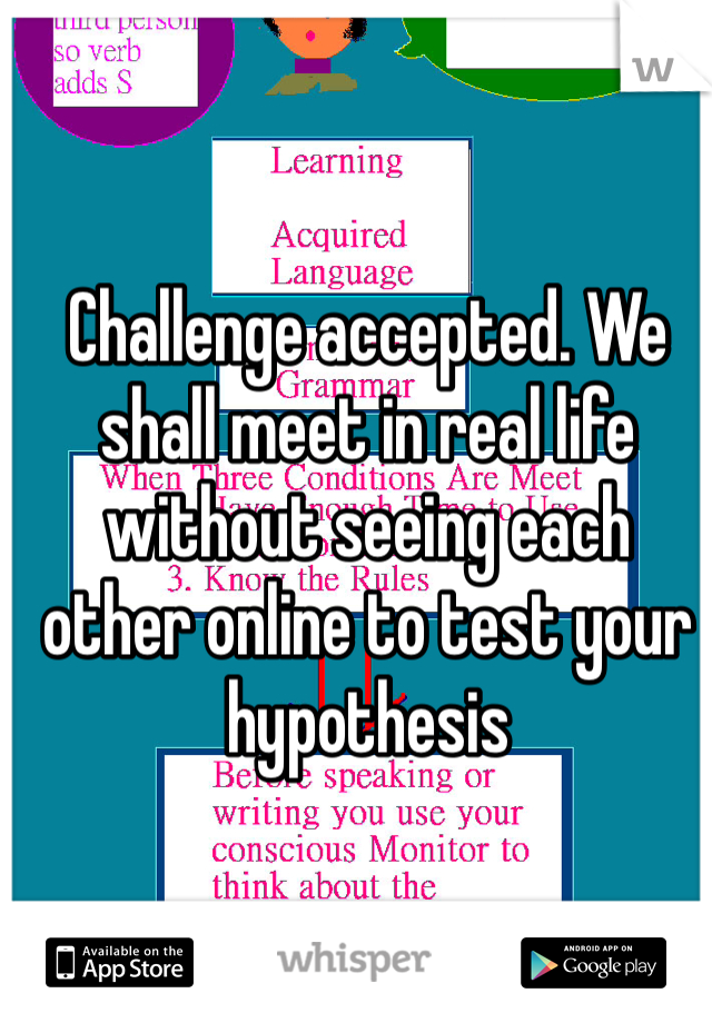 Challenge accepted. We shall meet in real life without seeing each other online to test your hypothesis