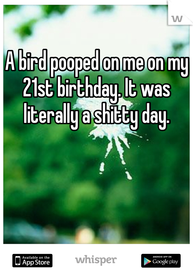 A bird pooped on me on my 21st birthday. It was literally a shitty day. 