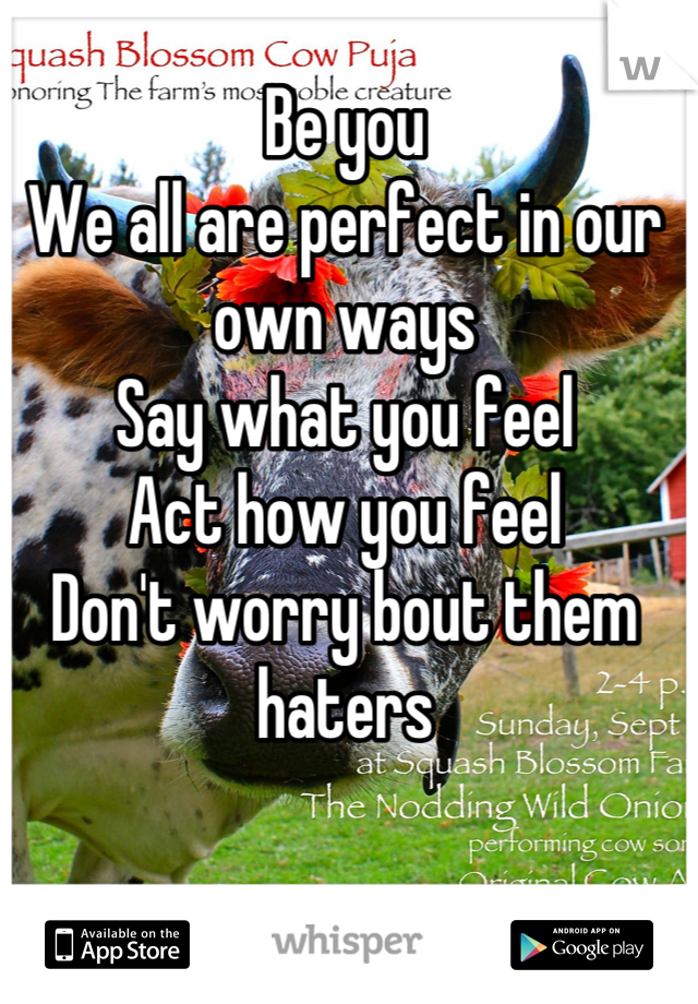 Be you
We all are perfect in our own ways
Say what you feel
Act how you feel
Don't worry bout them haters