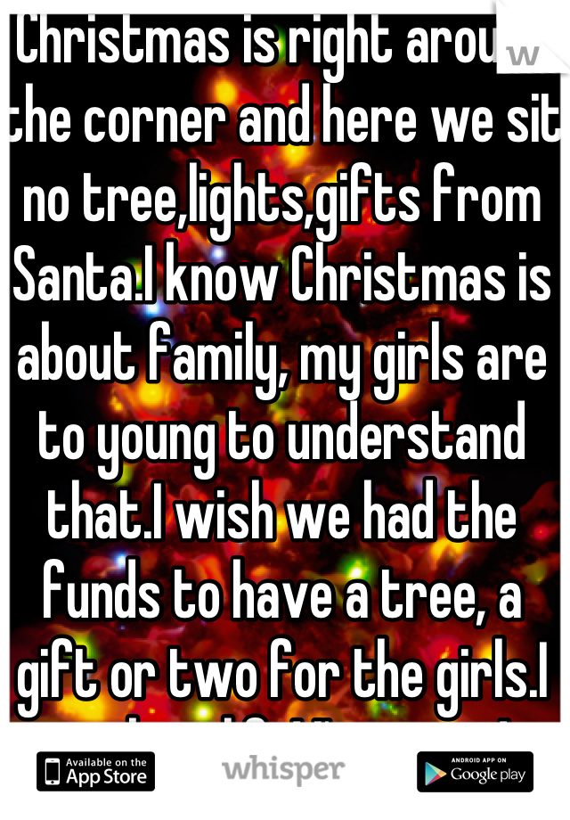 Christmas is right around the corner and here we sit no tree,lights,gifts from Santa.I know Christmas is about family, my girls are to young to understand that.I wish we had the funds to have a tree, a gift or two for the girls.I suck at life! I'm sorry! Forgive me!