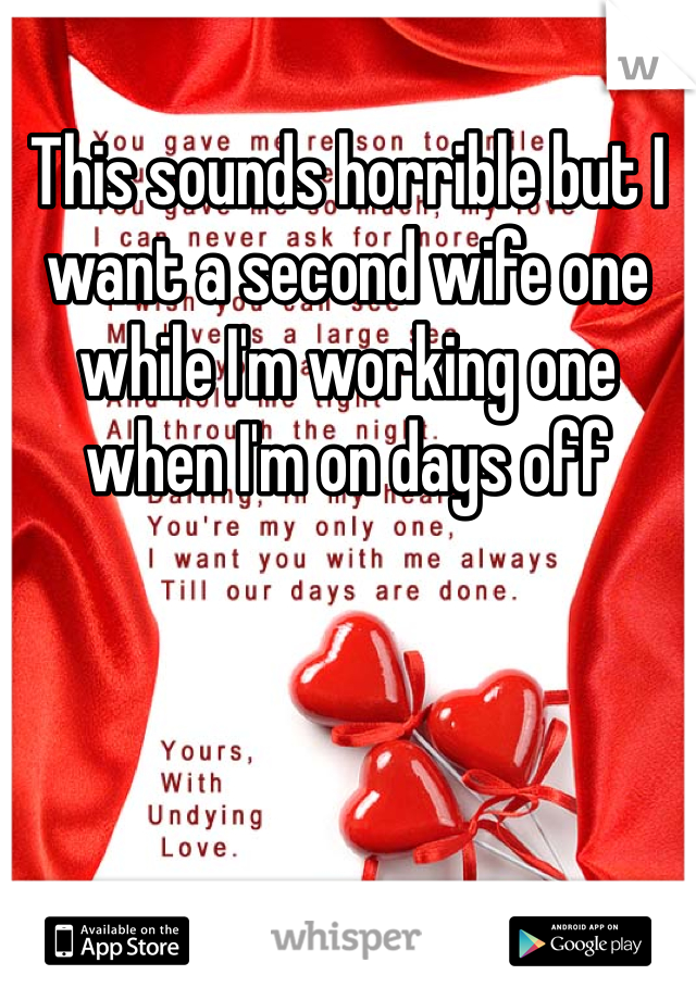 This sounds horrible but I want a second wife one while I'm working one when I'm on days off 