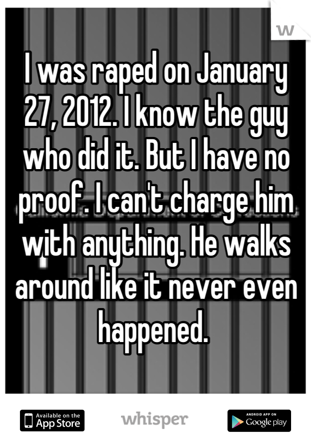 I was raped on January 27, 2012. I know the guy who did it. But I have no proof. I can't charge him with anything. He walks around like it never even happened. 