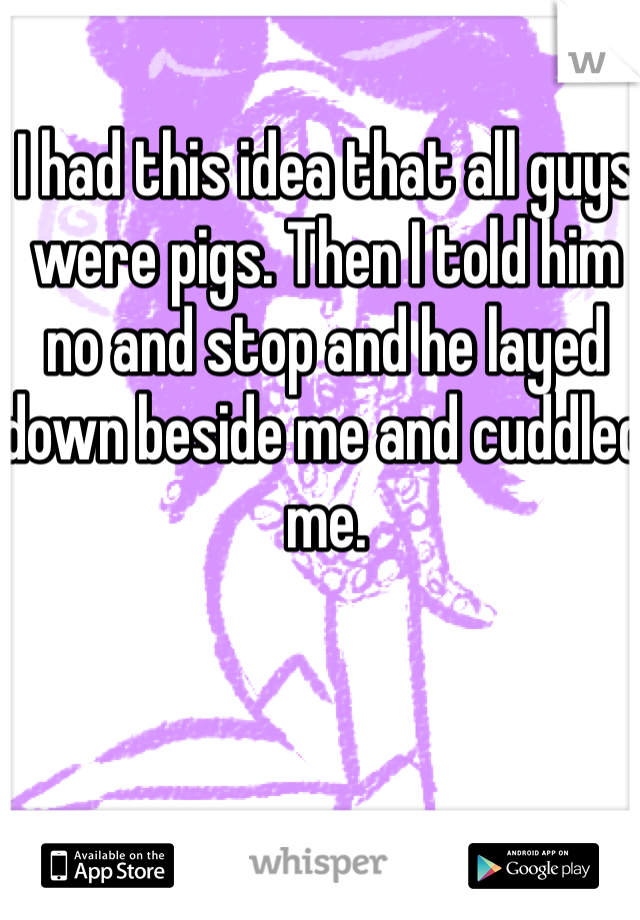 I had this idea that all guys were pigs. Then I told him no and stop and he layed down beside me and cuddled me.
