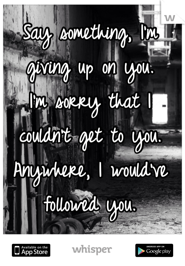 Say something, I'm giving up on you.
I'm sorry that I couldn't get to you.
Anywhere, I would've followed you.

