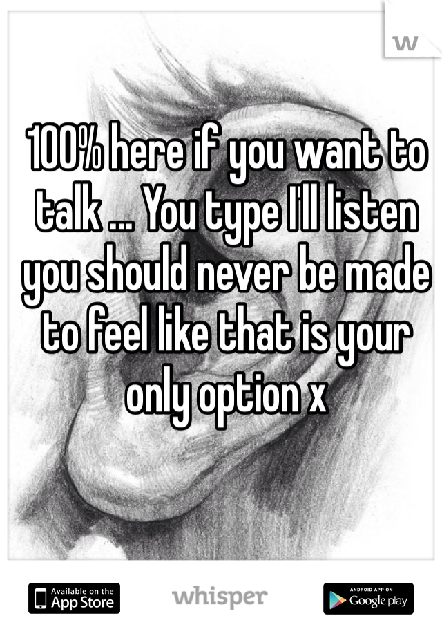 100% here if you want to talk ... You type I'll listen you should never be made to feel like that is your only option x