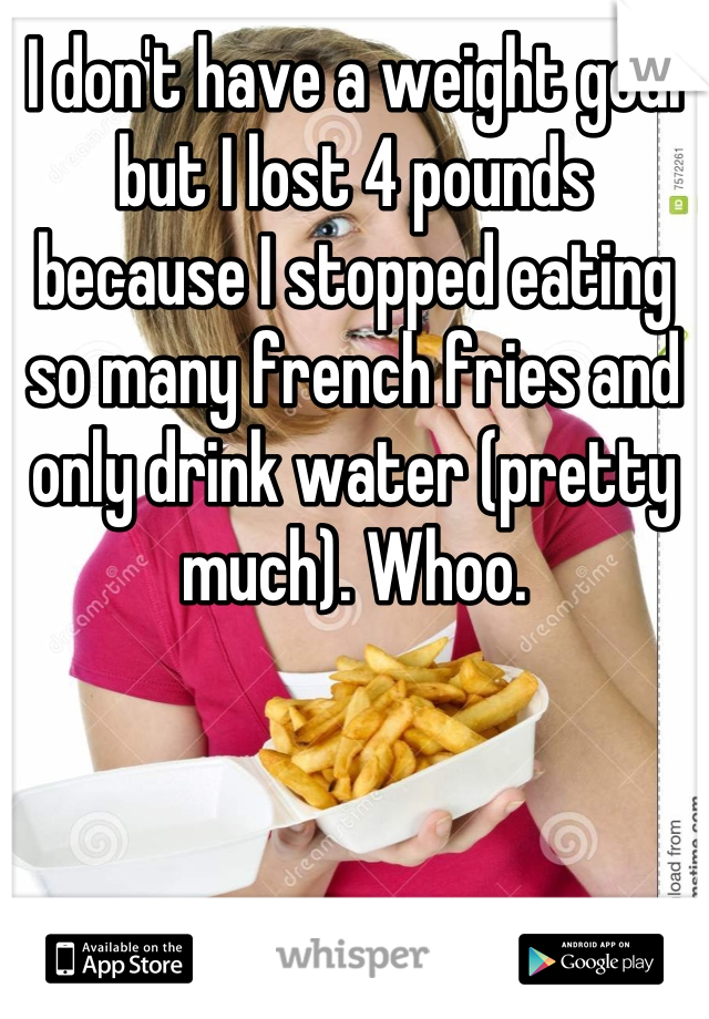I don't have a weight goal but I lost 4 pounds because I stopped eating so many french fries and only drink water (pretty much). Whoo.