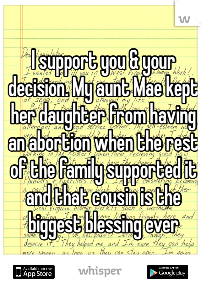 I support you & your decision. My aunt Mae kept her daughter from having an abortion when the rest of the family supported it and that cousin is the biggest blessing ever