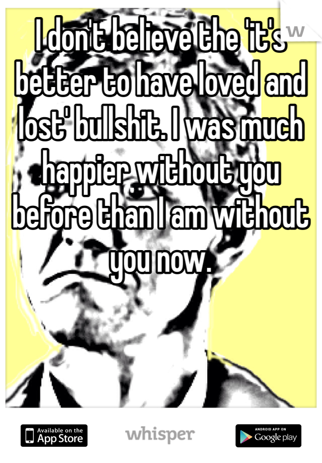 I don't believe the 'it's better to have loved and lost' bullshit. I was much happier without you before than I am without you now.