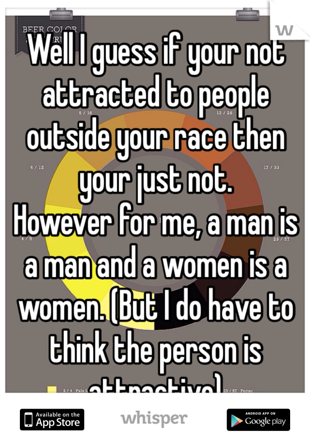 Well I guess if your not attracted to people outside your race then your just not. 
However for me, a man is a man and a women is a women. (But I do have to think the person is attractive) 