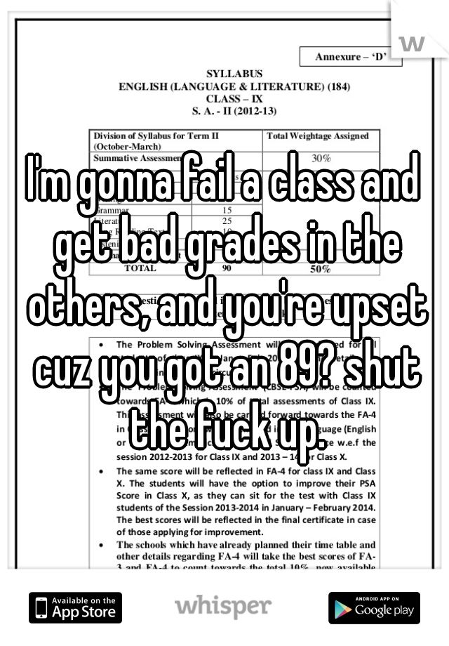 I'm gonna fail a class and get bad grades in the others, and you're upset cuz you got an 89? shut the fuck up.
