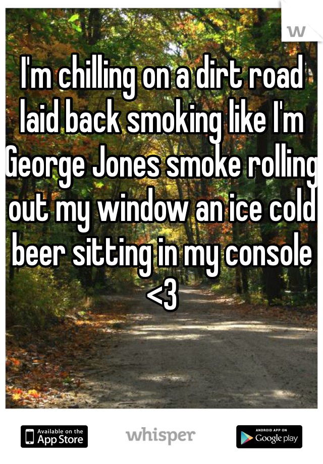 I'm chilling on a dirt road laid back smoking like I'm George Jones smoke rolling out my window an ice cold beer sitting in my console <3