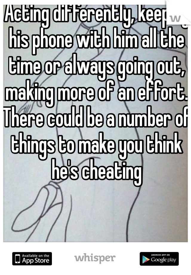 Acting differently, keeping his phone with him all the time or always going out, making more of an effort. There could be a number of things to make you think he's cheating 