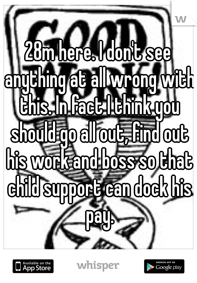 28m here. I don't see anything at all wrong with this. In fact I think you should go all out, find out his work and boss so that child support can dock his pay.