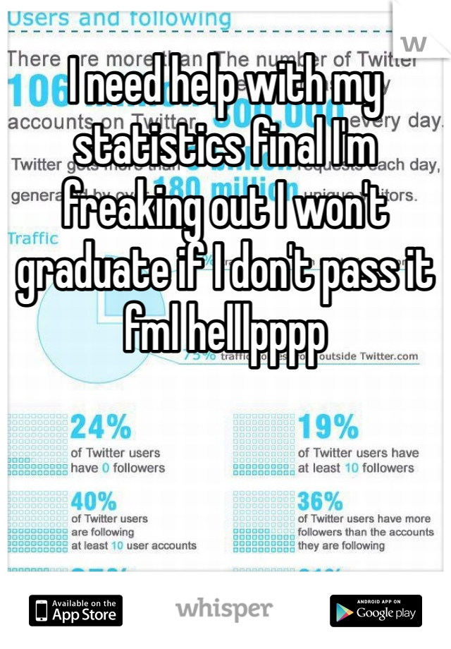 I need help with my statistics final I'm freaking out I won't graduate if I don't pass it fml helllpppp