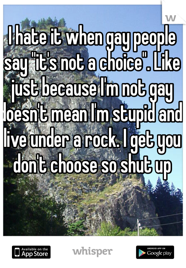 I hate it when gay people say "it's not a choice". Like just because I'm not gay doesn't mean I'm stupid and live under a rock. I get you don't choose so shut up