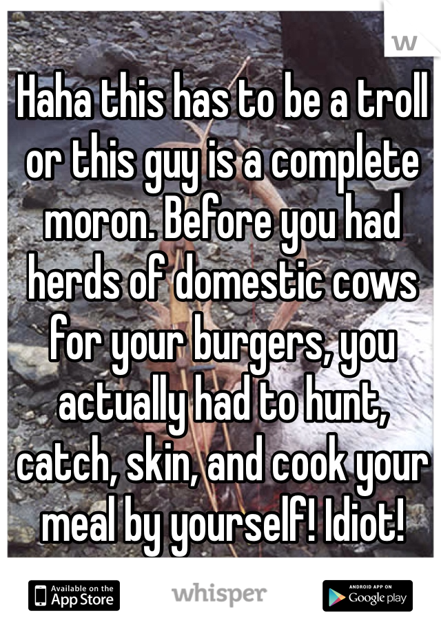 Haha this has to be a troll or this guy is a complete moron. Before you had herds of domestic cows for your burgers, you actually had to hunt, catch, skin, and cook your meal by yourself! Idiot!