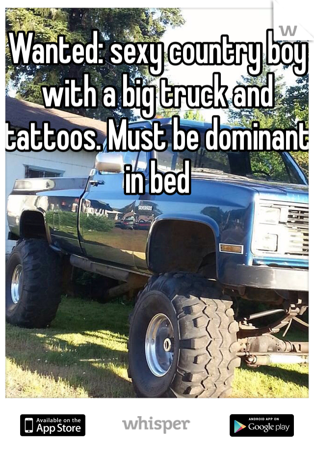 Wanted: sexy country boy with a big truck and tattoos. Must be dominant in bed 