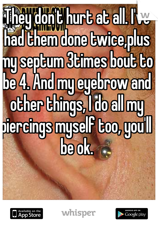 They don't hurt at all. I've had them done twice,plus my septum 3times bout to be 4. And my eyebrow and other things, I do all my piercings myself too, you'll be ok.