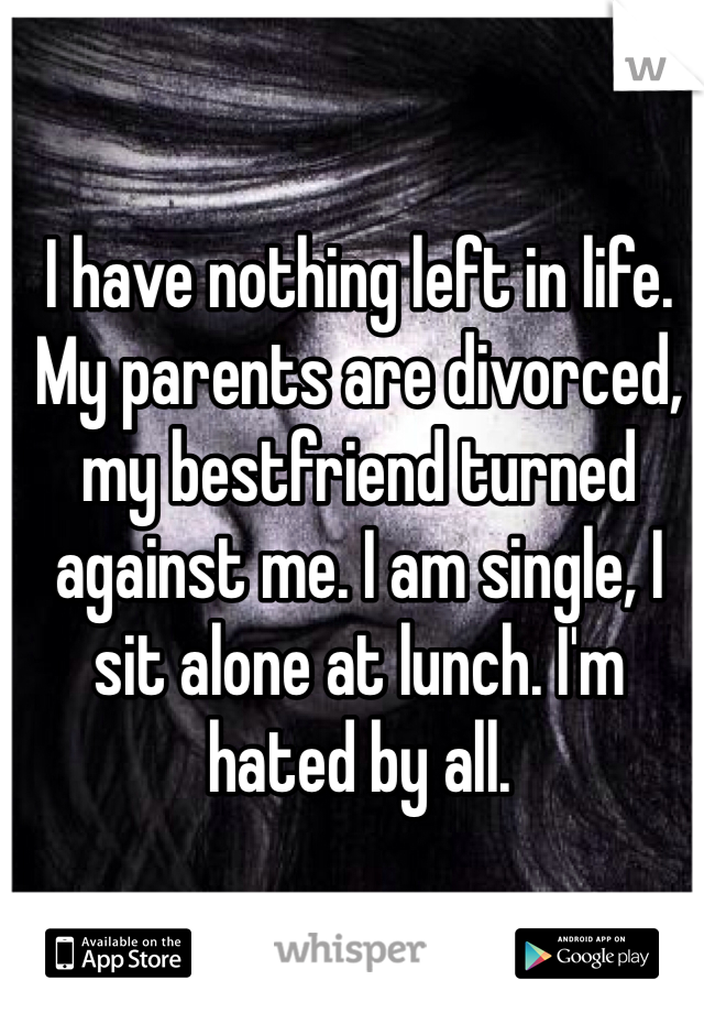 I have nothing left in life. My parents are divorced, my bestfriend turned against me. I am single, I sit alone at lunch. I'm hated by all.
