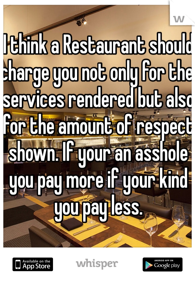 I think a Restaurant should charge you not only for the services rendered but also for the amount of respect shown. If your an asshole you pay more if your kind you pay less. 