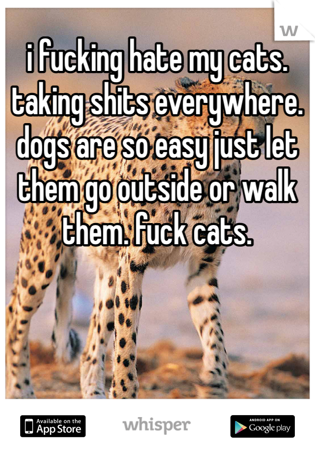 i fucking hate my cats. taking shits everywhere. dogs are so easy just let them go outside or walk them. fuck cats. 
