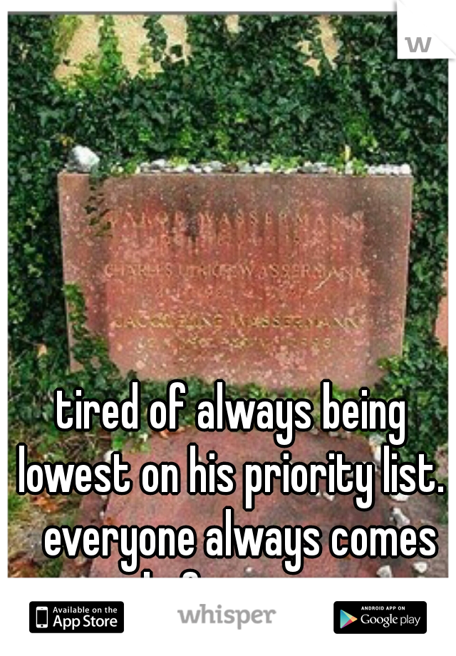 tired of always being lowest on his priority list.   everyone always comes before me. 