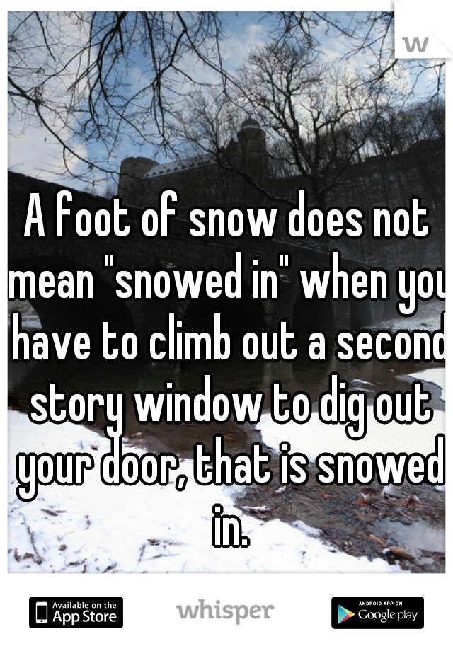 A foot of snow does not mean "snowed in" when you have to climb out a second story window to dig out your door, that is snowed in.
