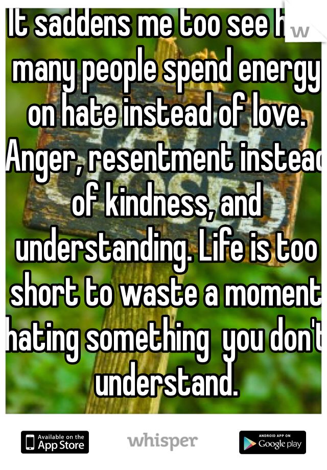 It saddens me too see how many people spend energy on hate instead of love. Anger, resentment instead of kindness, and understanding. Life is too short to waste a moment hating something  you don't understand.