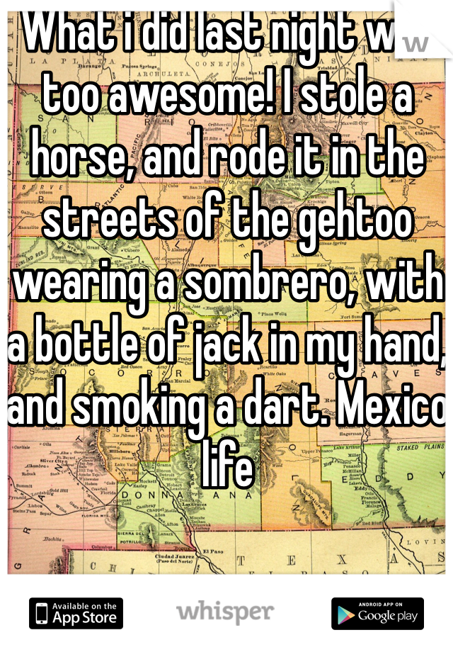 What i did last night was too awesome! I stole a horse, and rode it in the streets of the gehtoo wearing a sombrero, with a bottle of jack in my hand, and smoking a dart. Mexico life 