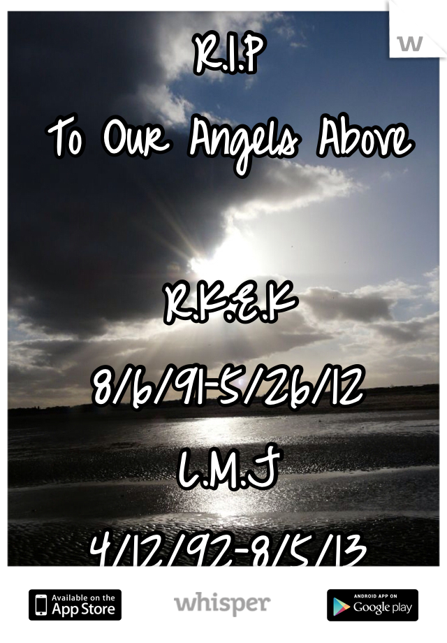 R.I.P
To Our Angels Above

R.K.E.K
8/6/91-5/26/12
L.M.J
4/12/92-8/5/13