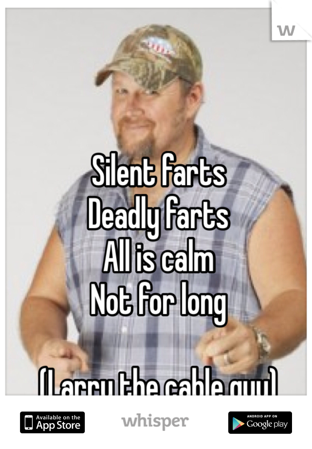 Silent farts
Deadly farts
All is calm
Not for long

(Larry the cable guy)