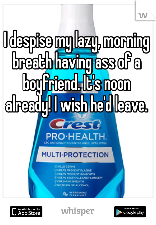 I despise my lazy, morning breath having ass of a boyfriend. It's noon already! I wish he'd leave.