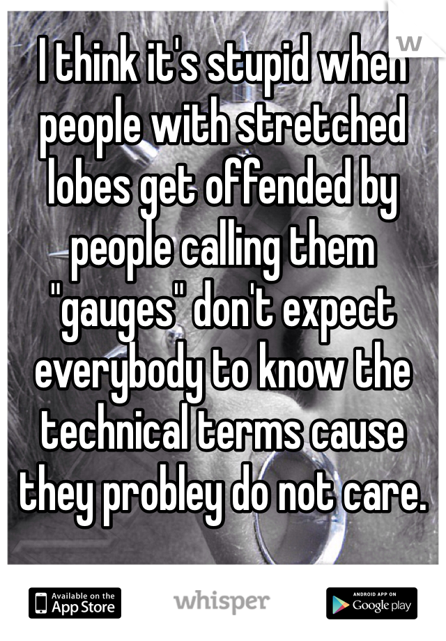 I think it's stupid when people with stretched lobes get offended by people calling them "gauges" don't expect everybody to know the technical terms cause they probley do not care. 