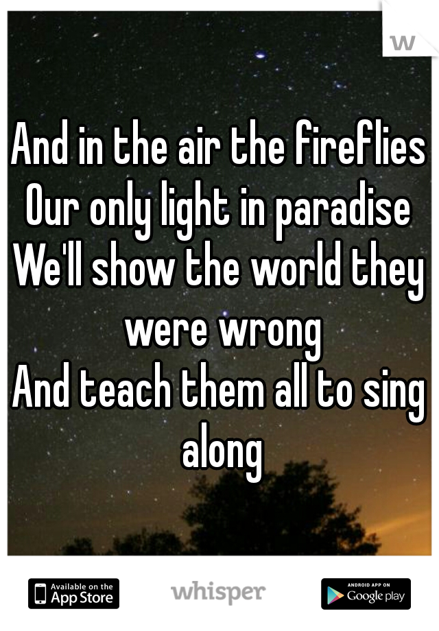 And in the air the fireflies
Our only light in paradise
We'll show the world they were wrong
And teach them all to sing along