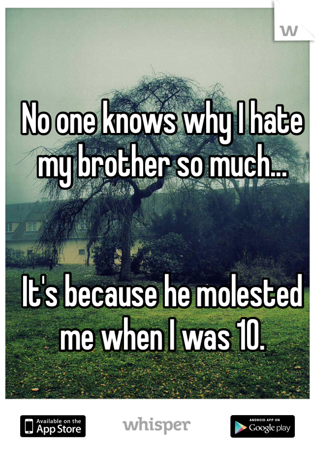 No one knows why I hate my brother so much...


It's because he molested me when I was 10.