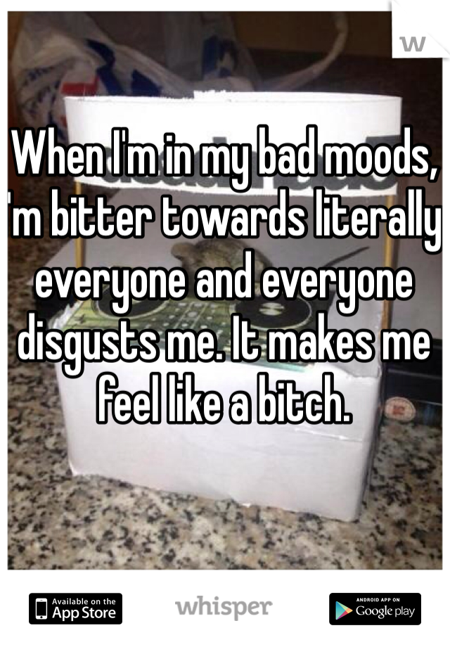 When I'm in my bad moods, I'm bitter towards literally everyone and everyone disgusts me. It makes me feel like a bitch. 