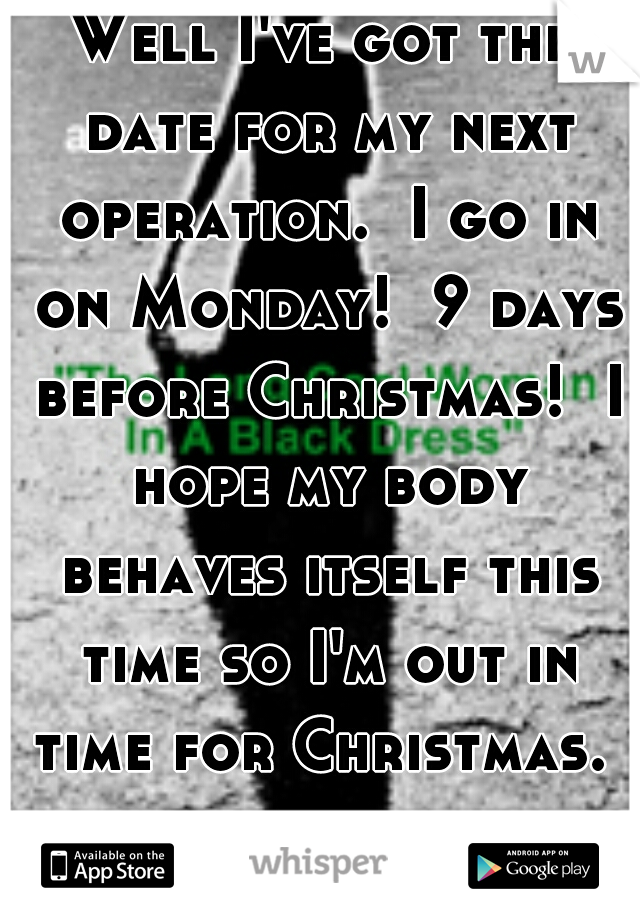 Well I've got the date for my next operation.  I go in on Monday!  9 days before Christmas!  I hope my body behaves itself this time so I'm out in time for Christmas. 