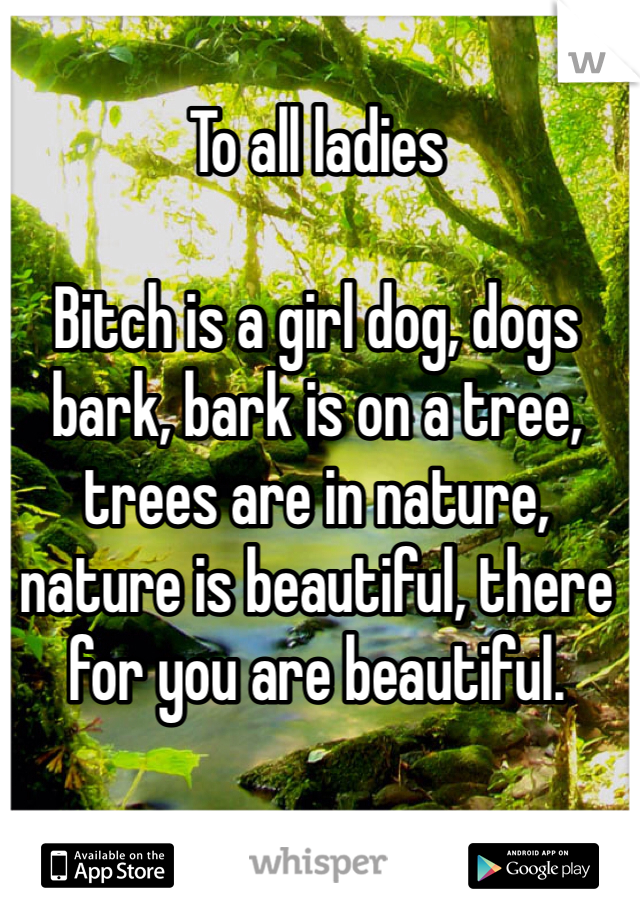 To all ladies

Bitch is a girl dog, dogs bark, bark is on a tree, trees are in nature, nature is beautiful, there for you are beautiful. 