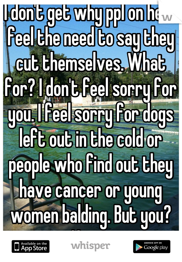 I don't get why ppl on here feel the need to say they cut themselves. What for? I don't feel sorry for you. I feel sorry for dogs left out in the cold or people who find out they have cancer or young women balding. But you? Nope. 