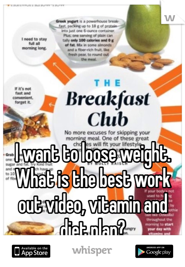 I want to loose weight. What is the best work out video, vitamin and diet plan?