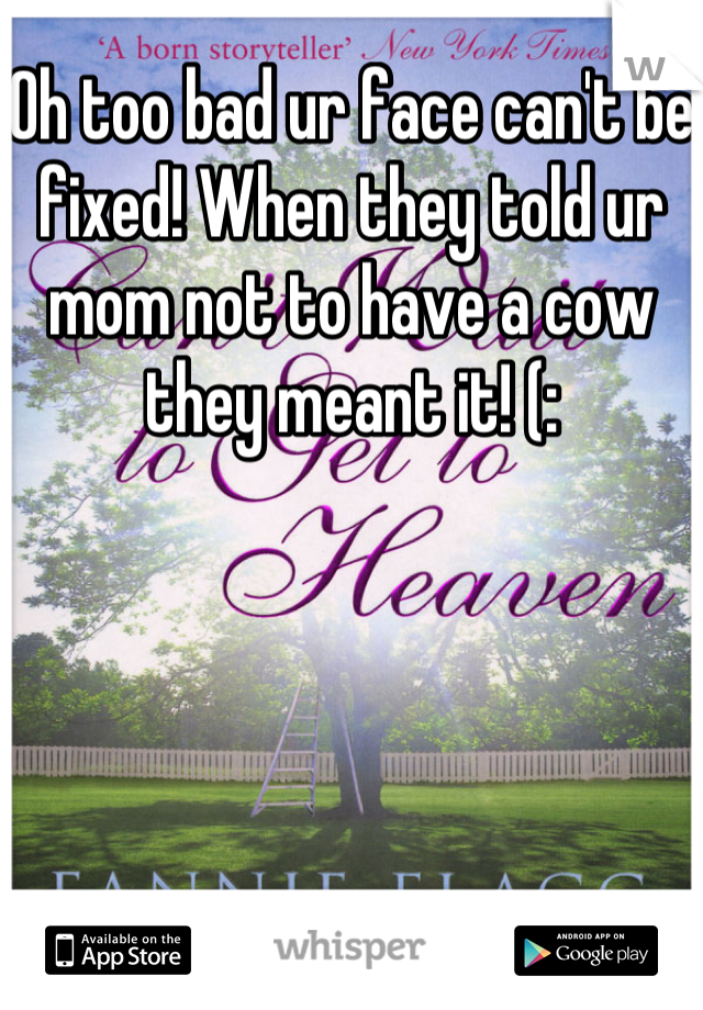 Oh too bad ur face can't be fixed! When they told ur mom not to have a cow they meant it! (: