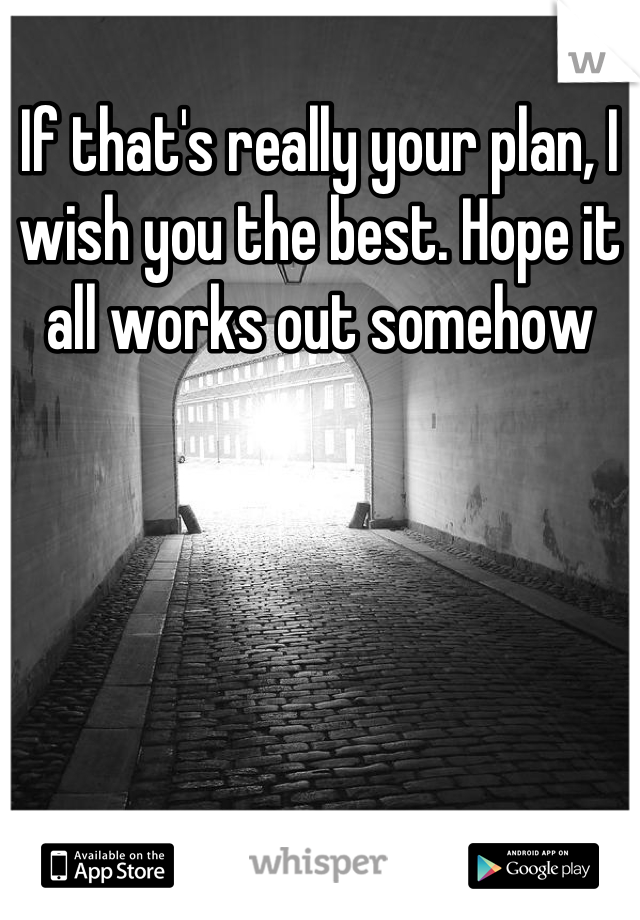 If that's really your plan, I wish you the best. Hope it all works out somehow