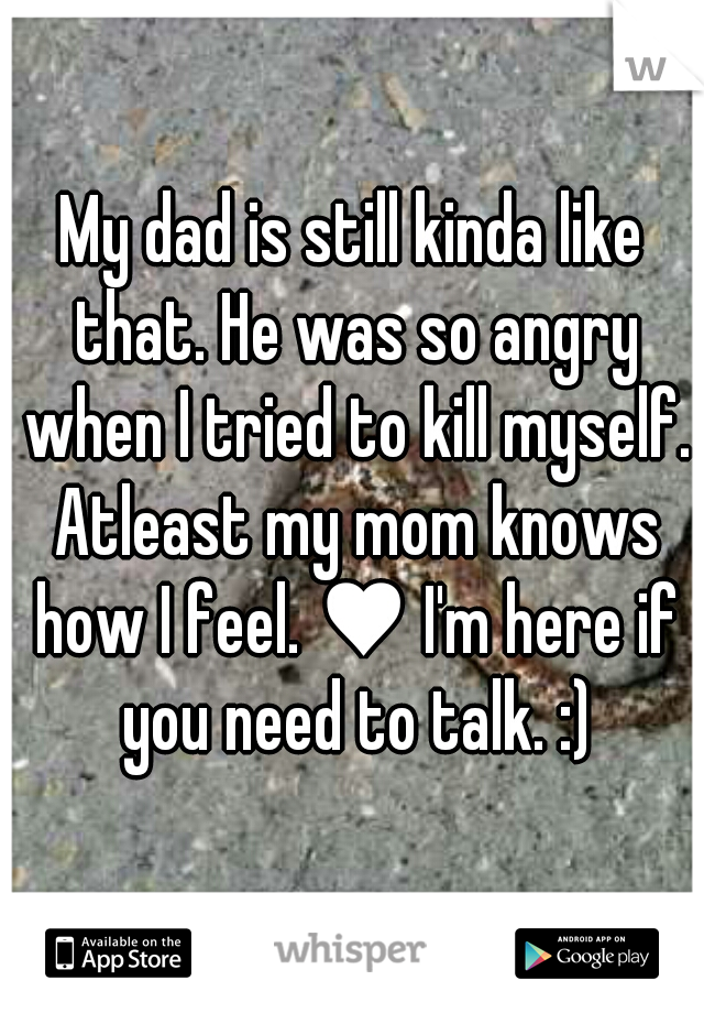 My dad is still kinda like that. He was so angry when I tried to kill myself. Atleast my mom knows how I feel. ♥ I'm here if you need to talk. :)