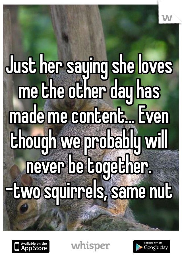 Just her saying she loves me the other day has made me content... Even though we probably will never be together. 
-two squirrels, same nut