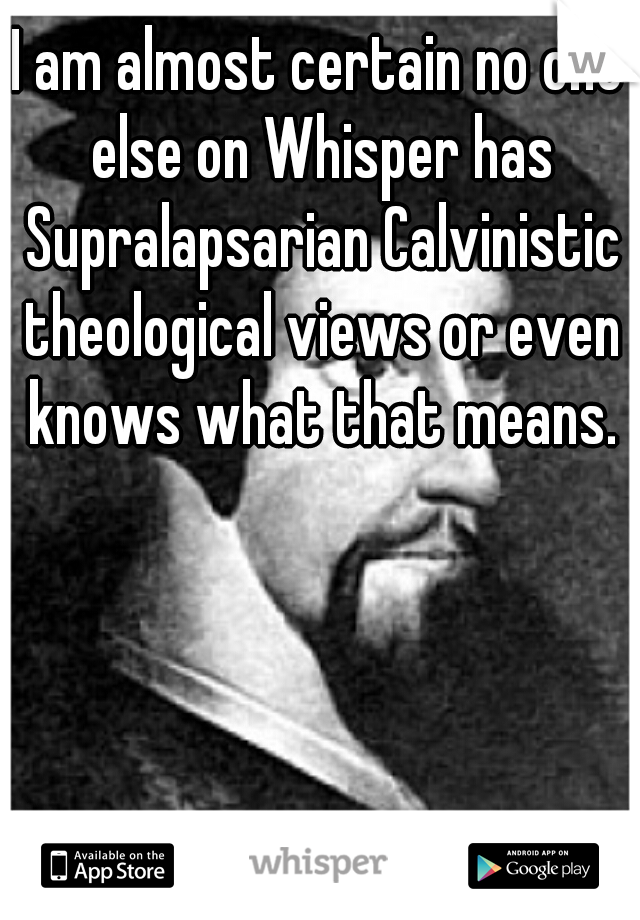 I am almost certain no one else on Whisper has Supralapsarian Calvinistic theological views or even knows what that means.