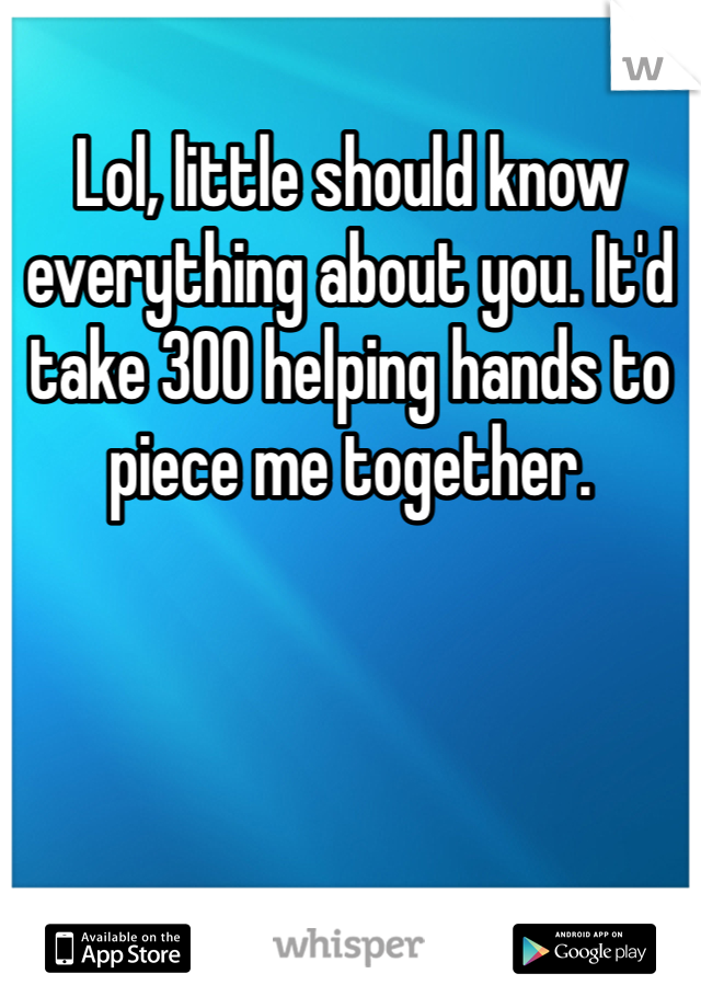 Lol, little should know everything about you. It'd take 300 helping hands to piece me together.