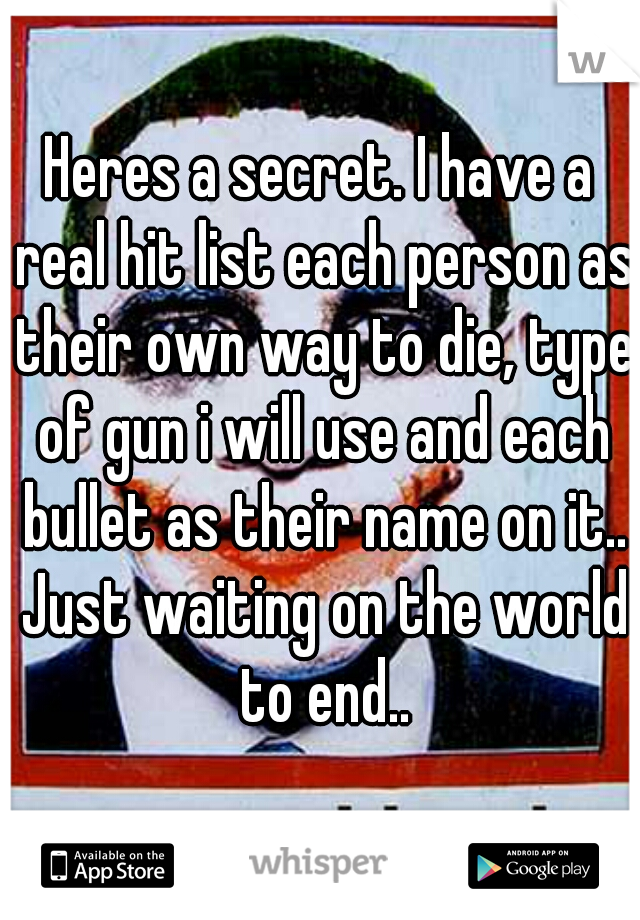 Heres a secret. I have a real hit list each person as their own way to die, type of gun i will use and each bullet as their name on it.. Just waiting on the world to end..