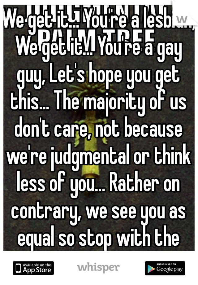 We get it... You're a lesbian, We get it... You're a gay guy, Let's hope you get this... The majority of us don't care, not because we're judgmental or think less of you... Rather on contrary, we see you as equal so stop with the lame ass posts!