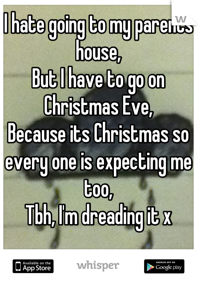 I hate going to my parents house,
But I have to go on Christmas Eve,
Because its Christmas so every one is expecting me too,
Tbh, I'm dreading it x