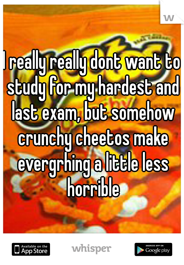 I really really dont want to study for my hardest and last exam, but somehow crunchy cheetos make evergrhing a little less horrible